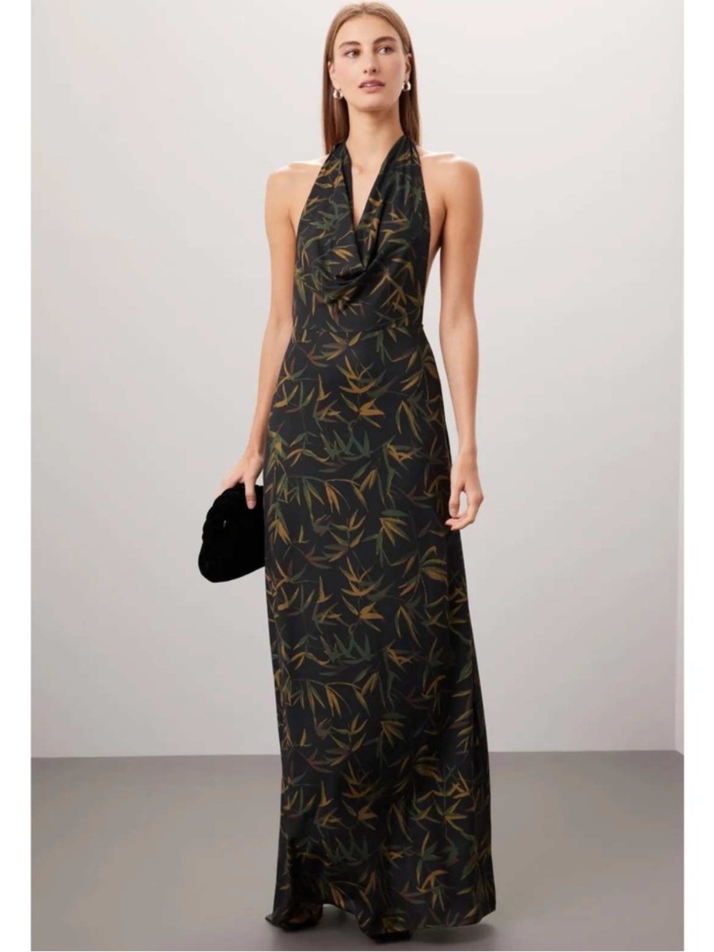 We Wore What Cowl Neck Halter Dress Black Green Jersey Leaf Maxi Womens Size XL